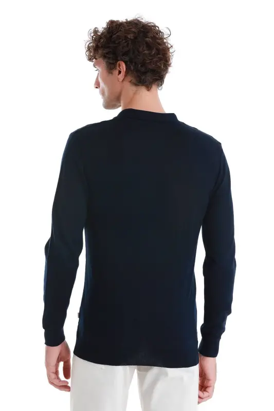 Lacivert Regular Fit Jakarlı Polo Yaka Yünlü Triko Kazak - Lacivert - 6