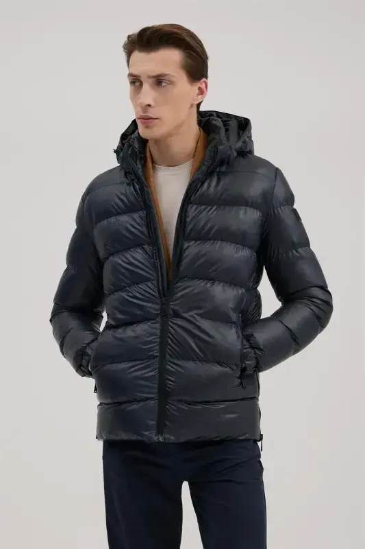 Lacivert Regular Fit Kapüşonlu Şişme Kışlık Mont - 2