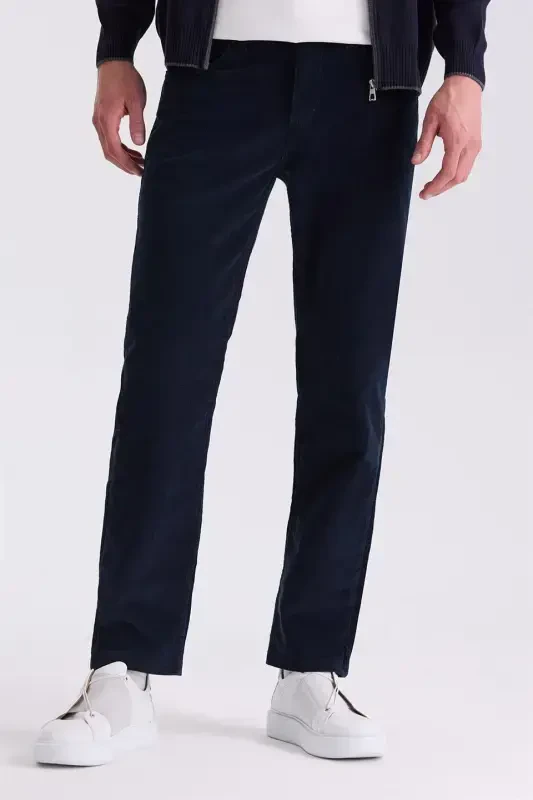 Lacivert Regular Fit Likralı Pamuklu Kadife Pantolon - JAKAMEN