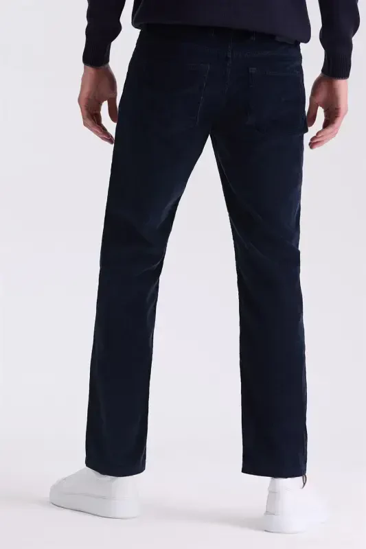 Lacivert Regular Fit Likralı Pamuklu Kadife Pantolon - 4