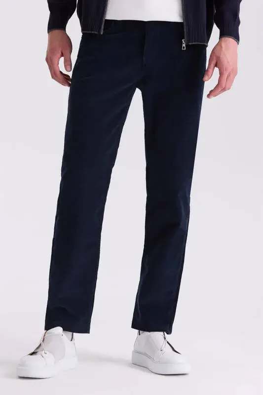 Lacivert Regular Fit Likralı Pamuklu Kadife Pantolon - 1