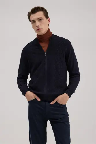 Lacivert Regular Fit naqshli fermuarli trikotaj kardigan - JAKAMEN (1)