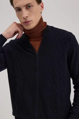 Lacivert Regular Fit naqshli fermuarli trikotaj kardigan - 3