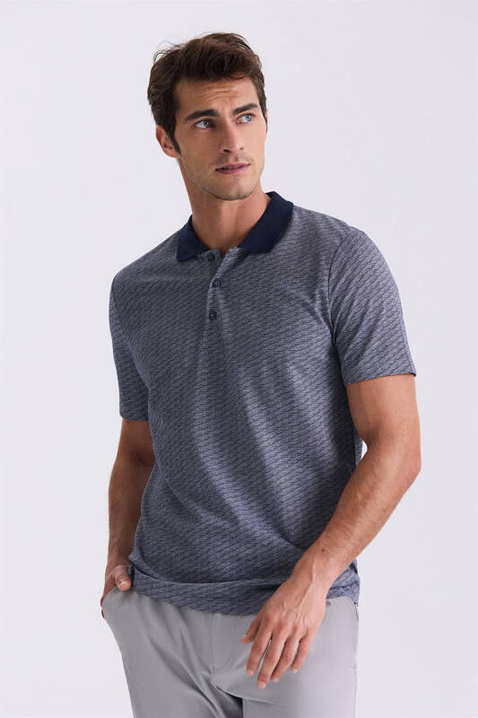 Lacivert Regular Fit naqshli polo yoqali futbolka - 1