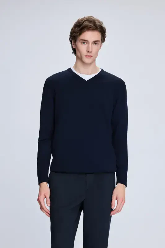 Lacivert Regular Fit V Yoqali Rayon Ko'ylak - Lacivert - HATEMOĞLU