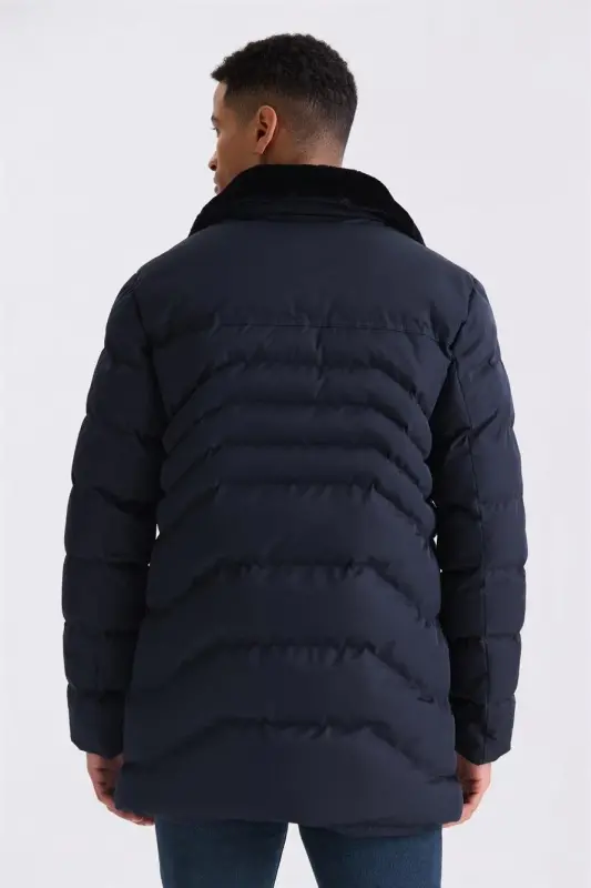 Lacivert Regular Fit Yaka Kürklü Kışlık Mont Mont - 4