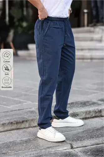 Lacivert Renk Erkek Yazlık Keten Karışımı Relaxed Pantolon - LACİVERT-LACİVERT - COMBİNE MİCHAİL (1)