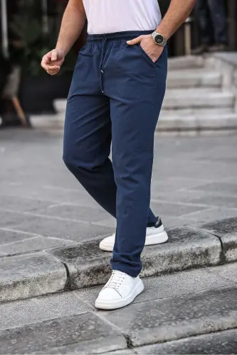 Lacivert Renk Erkek Yazlık Keten Karışımı Relaxed Pantolon - LACİVERT-LACİVERT - 4