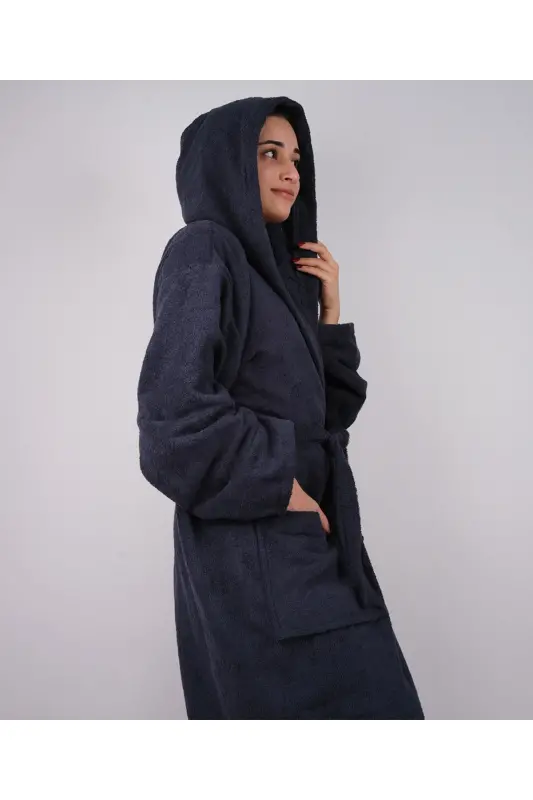 Lacivert Renkli %100 Pamuk Bukle Kapüşonlu Model Bornoz (S-M-L-XL-2XL-3XL-4XL) Büyük ve Battal Beden - Lacivert - 1
