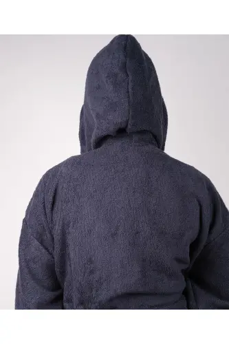 Lacivert Renkli %100 Pamuk Bukle Kapüşonlu Model Bornoz (S-M-L-XL-2XL-3XL-4XL) Büyük ve Battal Beden - Lacivert - 4