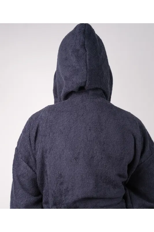 Lacivert Renkli %100 Pamuk Bukle Kapüşonlu Model Bornoz (S-M-L-XL-2XL-3XL-4XL) Büyük ve Battal Beden - Lacivert - 4