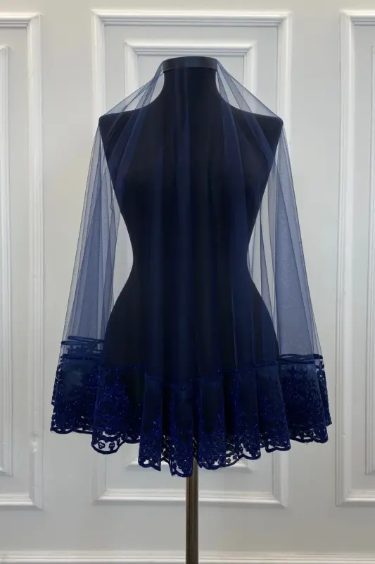 Lacivert Simli Gelin Duvak Seti, Kına Duvağı Örtüsü-Lacivert - 2