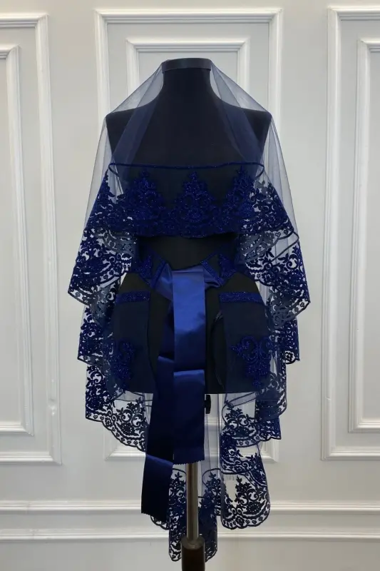 Lacivert Simli Gelin Duvak Seti, Kına Duvağı Örtüsü-Lacivert - 3