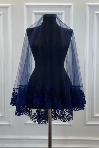 Lacivert Simli Gelin Duvak Seti, Kına Duvağı Örtüsü-Lacivert - 5