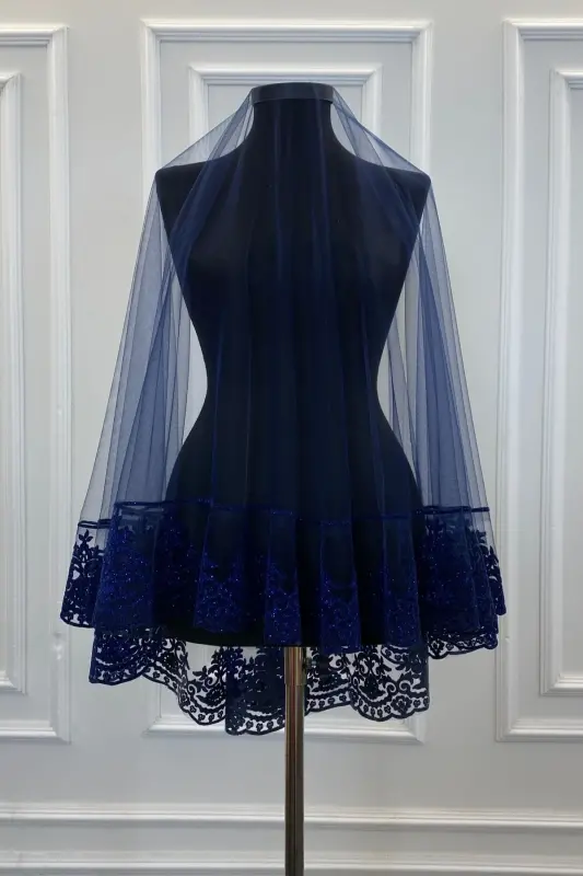 Lacivert Simli Gelin Duvak Seti, Kına Duvağı Örtüsü-Lacivert - 5