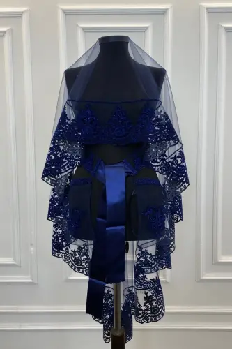 Lacivert Simli Gelin Duvak Seti, Kına Duvağı Örtüsü-Lacivert - 3