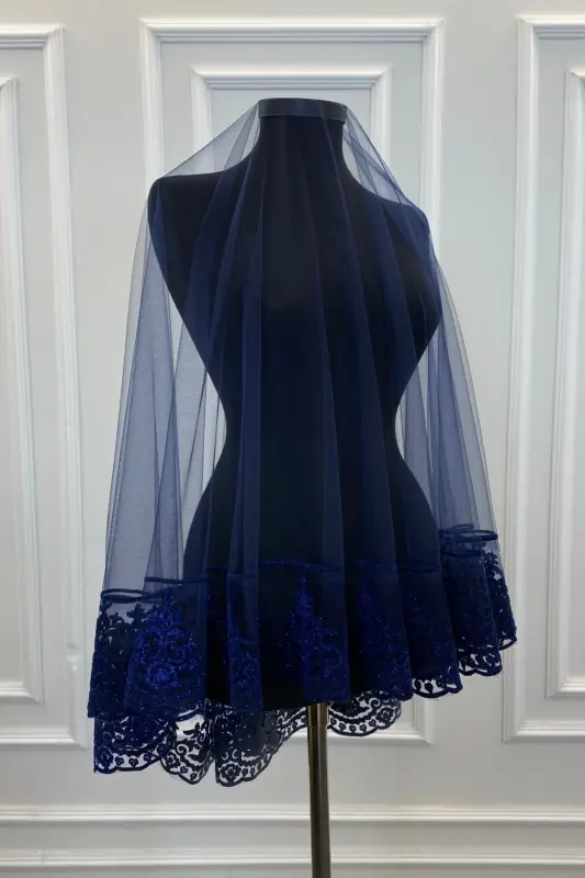 Lacivert Simli Gelin Duvak Seti, Kına Duvağı Örtüsü-Lacivert - 4