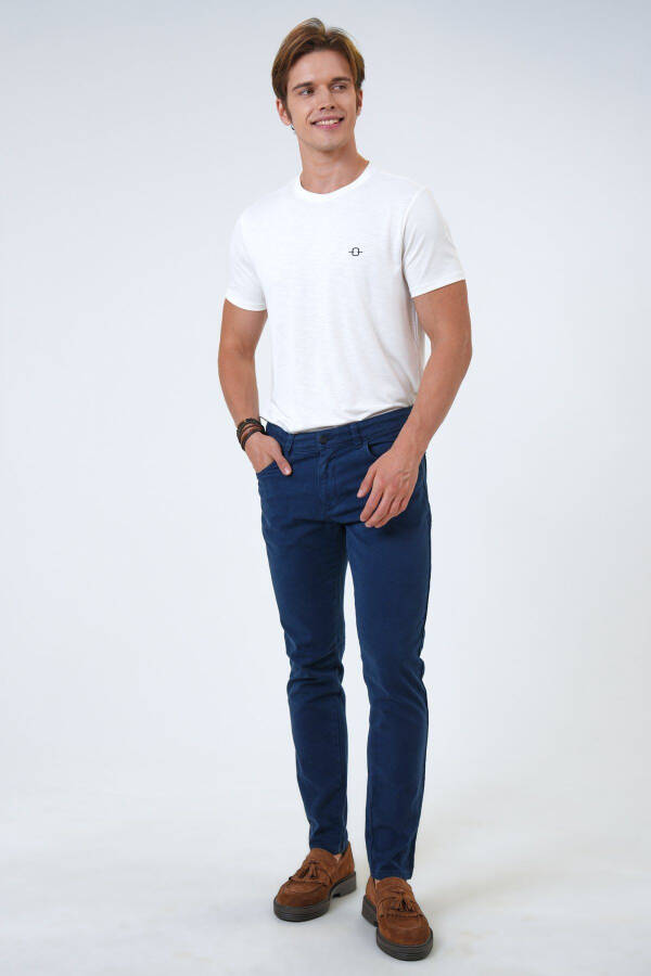 Lacivert Slim Fit 5 Cepli Armürlü Pamuklu Chino Pantolon - 1