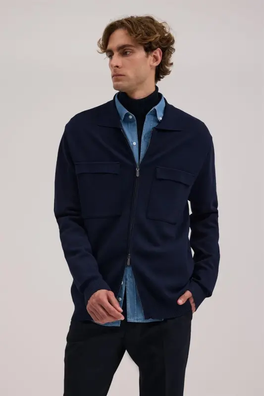 Lacivert Slim Fit Bebe Yaka Fermuarlı Cepli Rayon Triko Ceket - 1