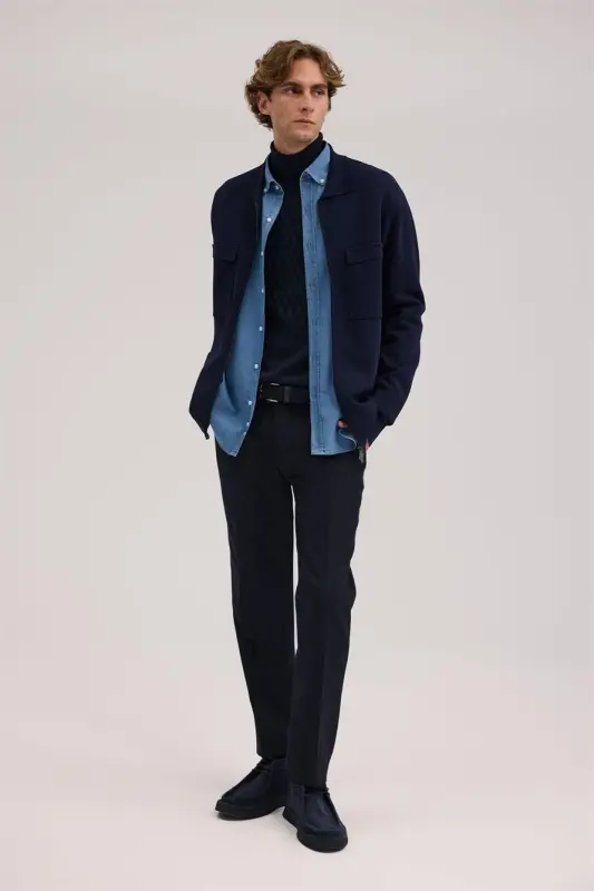 Lacivert Slim Fit Bebe Yaka Fermuarlı Cepli Rayon Triko Ceket - 2