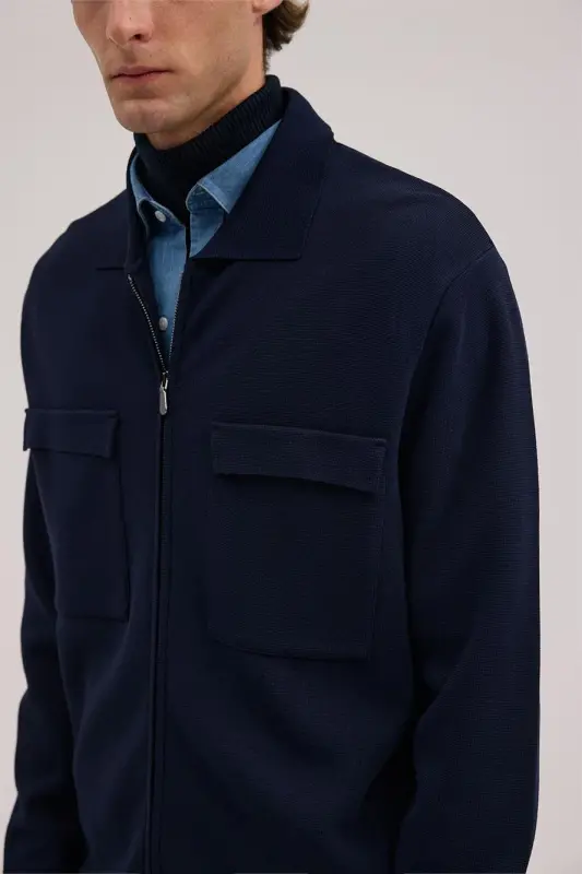 Lacivert Slim Fit Bebe Yaka Fermuarlı Cepli Rayon Triko Ceket - 3