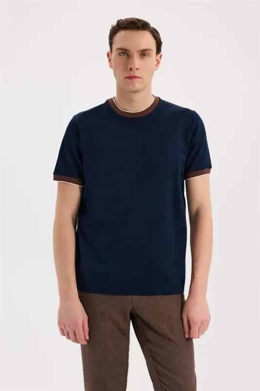 Lacivert Slim Fit Bisiklet Yaka %100 Pamuk T-Shirt - JAKAMEN