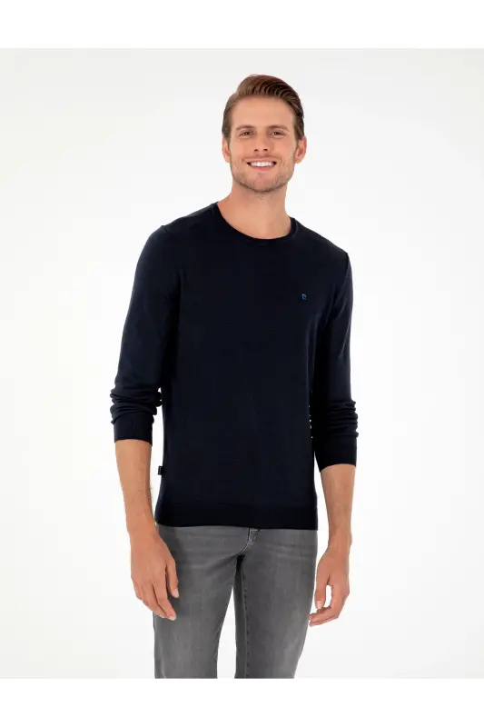 Lacivert Slim Fit Bisiklet Yaka Basic Triko Kazak 50296621-VR033 - Lacivert - PIERRE CARDIN