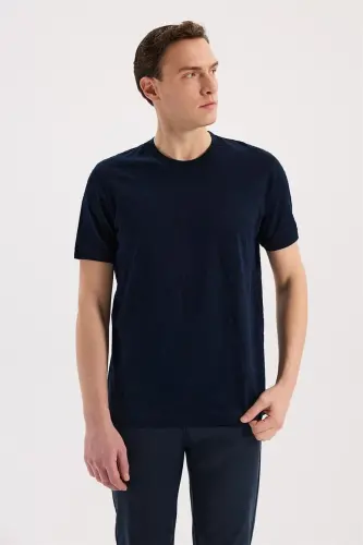 Lacivert Slim Fit Bisiklet Yaka Desenli %100 Pamuk T-Shirt 