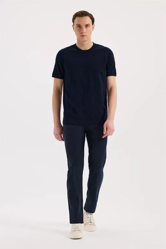 Lacivert Slim Fit Bisiklet Yaka Desenli %100 Pamuk T-Shirt - 2