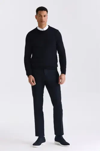 Lacivert Slim Fit Bisiklet Yaka Desenli Triko Kazak - 3