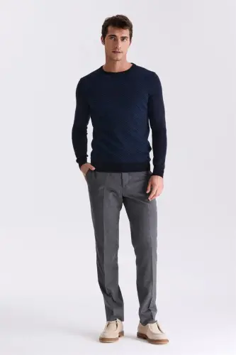 Lacivert Slim Fit Bisiklet Yaka Desenli Triko Kazak - JAKAMEN (1)