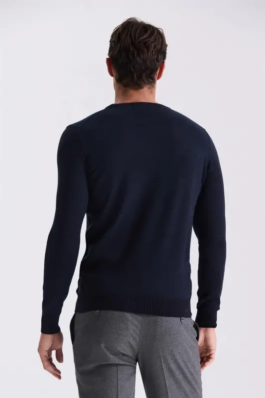 Lacivert Slim Fit Bisiklet Yaka Desenli Triko Kazak - 4