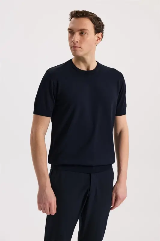 Lacivert Slim Fit Bisiklet Yaka Rayon T-Shirt - JAKAMEN