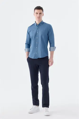 Lacivert Slim Fit Cepli Düğmeli Yaka %100 Pamuk Gömlek - JAKAMEN (1)