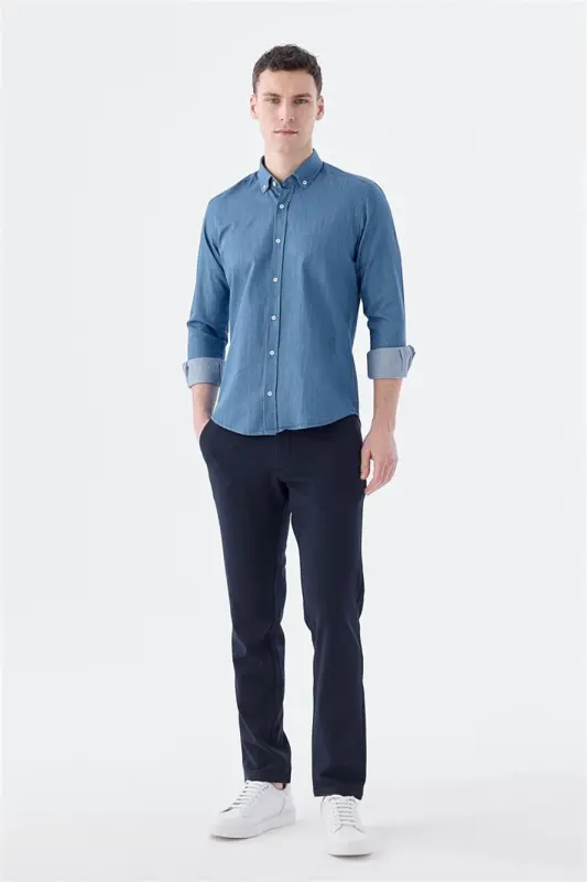 Lacivert Slim Fit Cepli Düğmeli Yaka %100 Pamuk Gömlek - 2