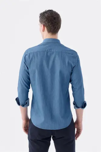 Lacivert Slim Fit Cepli Düğmeli Yaka %100 Pamuk Gömlek - 4