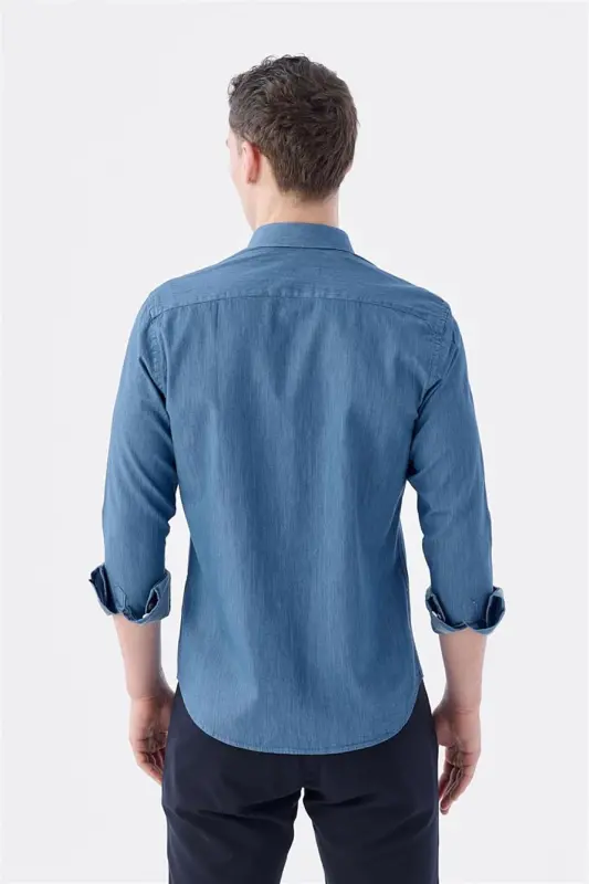 Lacivert Slim Fit Cepli Düğmeli Yaka %100 Pamuk Gömlek - 4