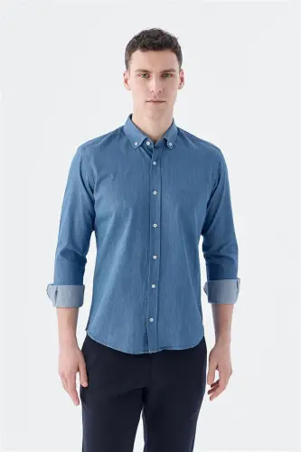Lacivert Slim Fit Cepli Düğmeli Yaka %100 Pamuk Gömlek 