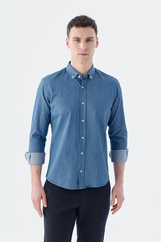 Lacivert Slim Fit Cepli Düğmeli Yaka %100 Pamuk Gömlek - 1