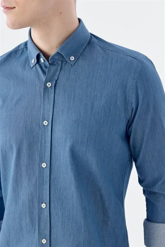 Lacivert Slim Fit Cepli Düğmeli Yaka %100 Pamuk Gömlek - 3