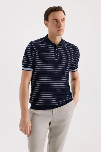 Lacivert Slim Fit Çizgili Rayon Polo Yaka T-Shirt - 1