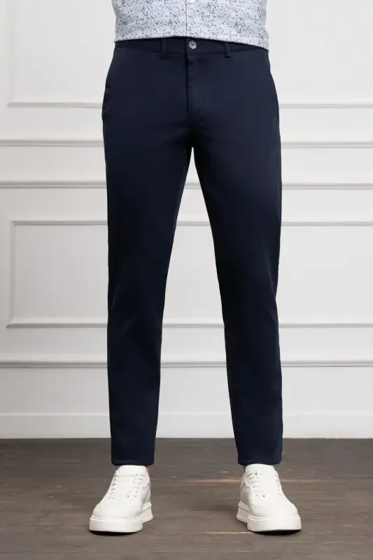 Lacivert Slim Fit Dar Kesim Chino Yan Cep Erkek Pantolon - 1