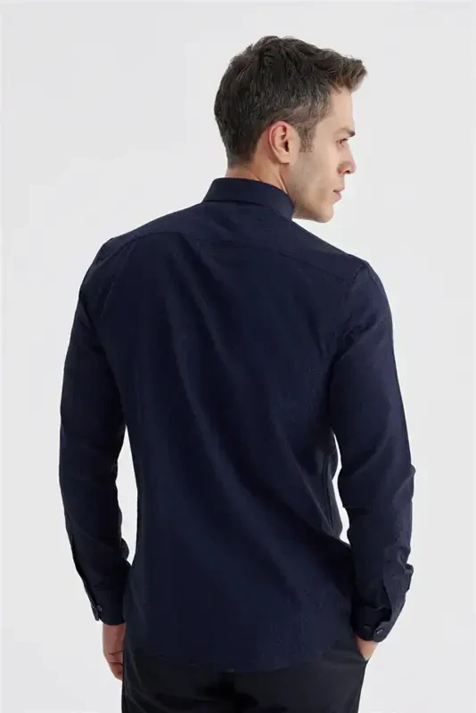 Lacivert Slim Fit Desenli Klasik Kravatlık Pamuklu Gömlek - 4