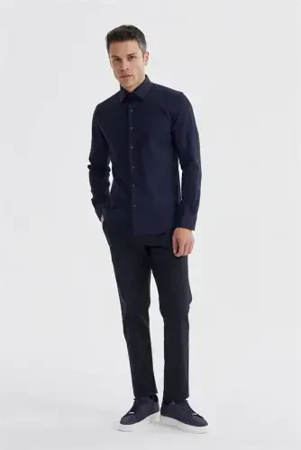 Lacivert Slim Fit Desenli Klasik Kravatlık Pamuklu Gömlek - JAKAMEN (1)