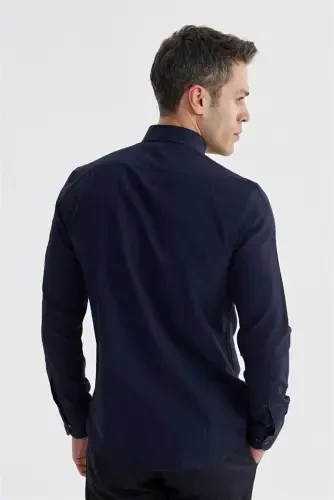 Lacivert Slim Fit Desenli Klasik Kravatlık Pamuklu Gömlek - 4