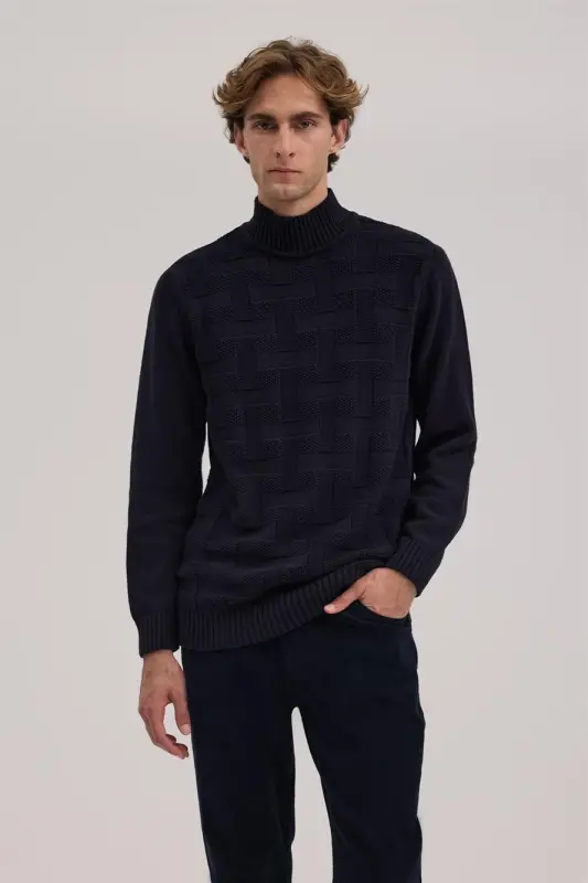 Lacivert Slim Fit Desenli Pamuklu Tam Balıkçı Yaka Triko - 1