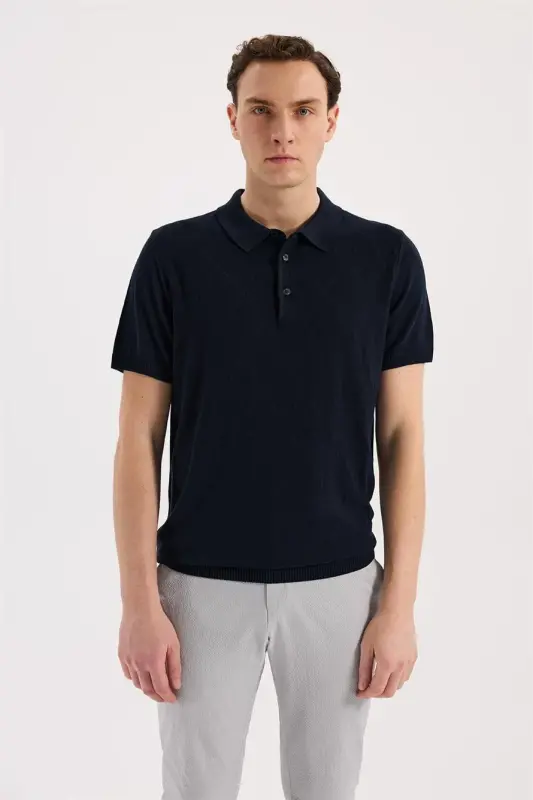 Lacivert Slim Fit Desenli Triko Polo Yaka T-Shirt - 2