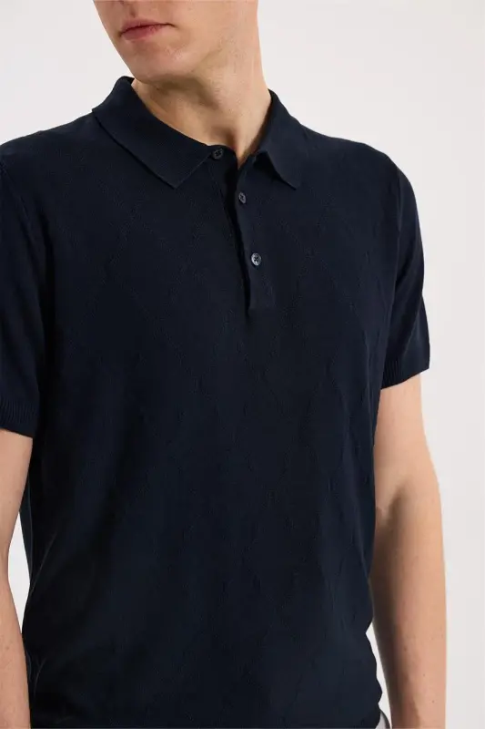 Lacivert Slim Fit Desenli Triko Polo Yaka T-Shirt - 3