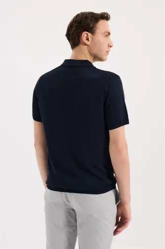 Lacivert Slim Fit Desenli Triko Polo Yaka T-Shirt - 4