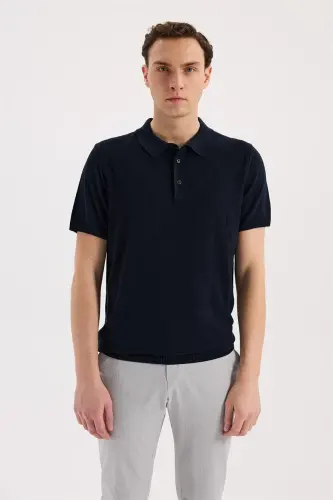 Lacivert Slim Fit Desenli Triko Polo Yaka T-Shirt - JAKAMEN (1)
